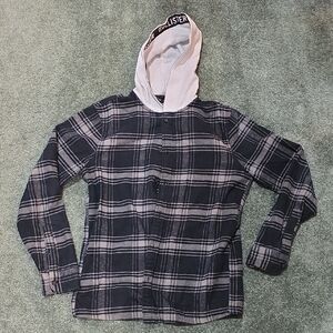 Hollister Black & White Plaid Lightweight Hooded Shirt Jacket